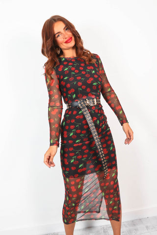 Out Of This World - Black Red Cherry Print Mesh Midi Dress