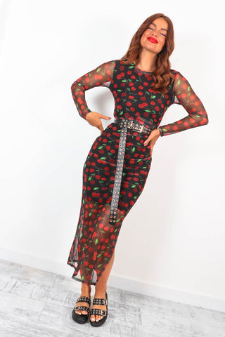 Out Of This World - Black Red Cherry Print Mesh Midi Dress