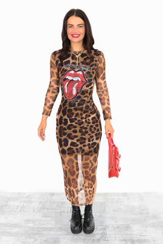 Out Of This World - Leopard Red Mouth Graphic Mesh Midi Dress