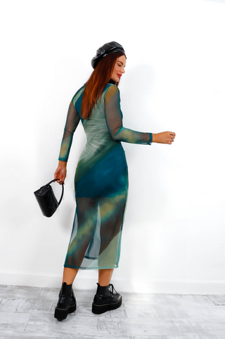 Out Of This World - Olive Tie Dye Mesh Midi Dress