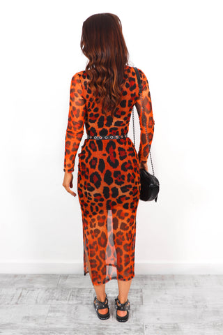 Out Of This World - Orange Leopard Mesh Midi Dress