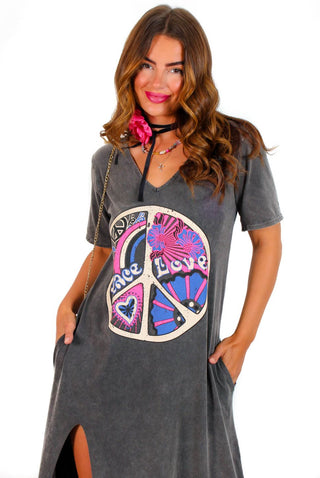 Peace Of My Heart - Multi Acid Wash Graphic T-shirt Dress