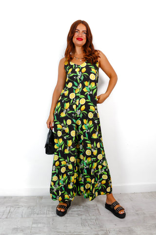 Perfect In Print - Black Lemon Print Wide Leg Jumpsuit