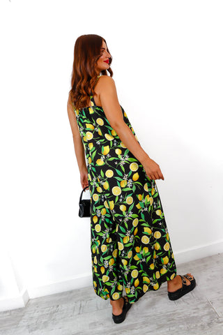 Perfect In Print - Black Lemon Print Wide Leg Jumpsuit