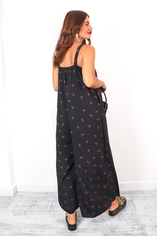 Perfect In Print - Black Red Cherry Print Wide Leg Jumpsuit