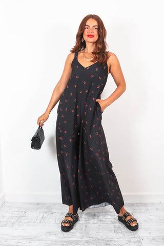 Perfect In Print - Black Red Cherry Print Wide Leg Jumpsuit