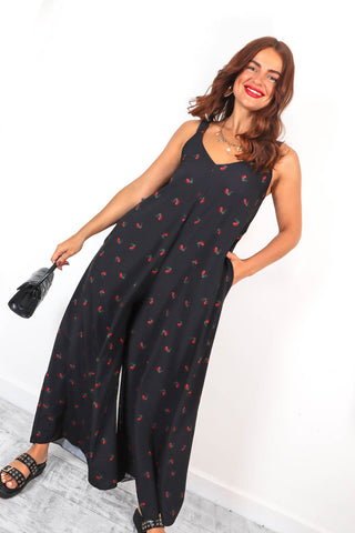 Perfect In Print - Black Red Cherry Print Wide Leg Jumpsuit