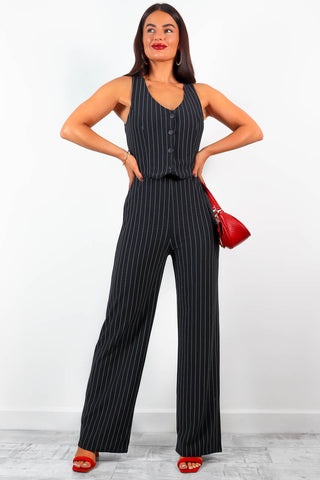 Pin The Moment - Black Pinstripe Waistcoat Jumpsuit