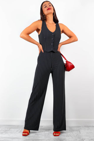 Pin The Moment - Black Pinstripe Waistcoat Jumpsuit