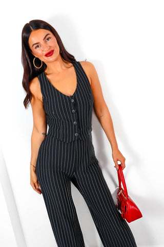 Pin The Moment - Black Pinstripe Waistcoat Jumpsuit