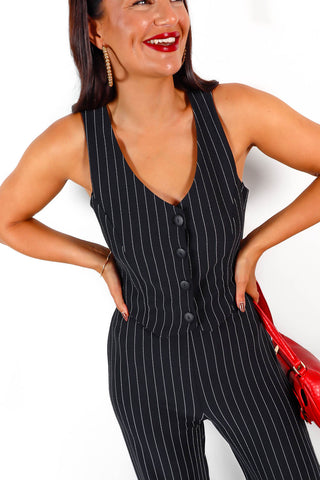 Pin The Moment - Black Pinstripe Waistcoat Jumpsuit