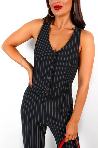 Pin The Moment - Black Pinstripe Waistcoat Jumpsuit