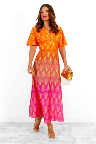 Places To Be - Orange Pink Ombre Geometric Print Midi Dress