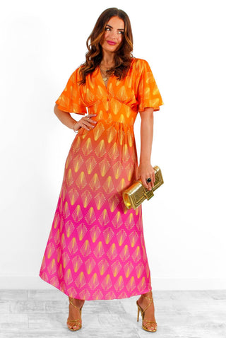 Places To Be - Orange Pink Ombre Geometric Print Midi Dress