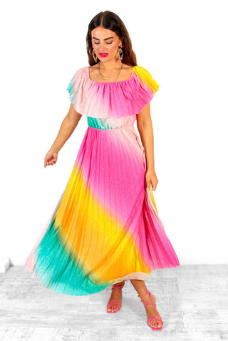 Pleat About Me - Multi Ombre Lurex Pleated Bardot Maxi Dress
