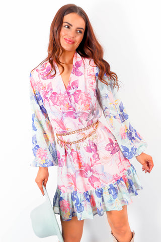 Pretty In Frills - Pink Multi Floral Frill Hem Mini Dress