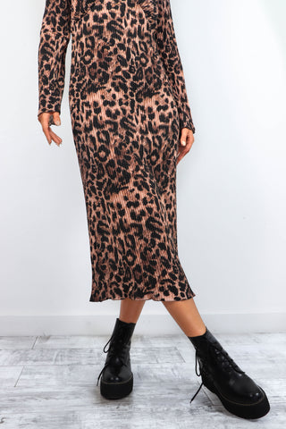 Pretty In Pleats - Brown Leopard Pleated Midi Dress