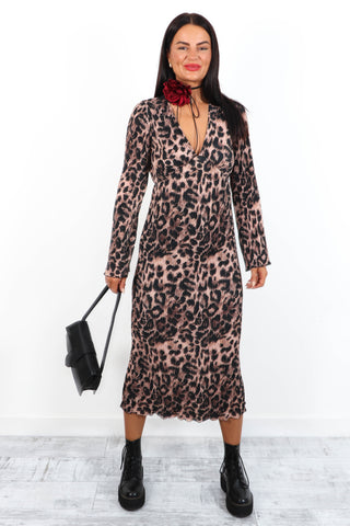 Pretty In Pleats - Brown Leopard Pleated Midi Dress