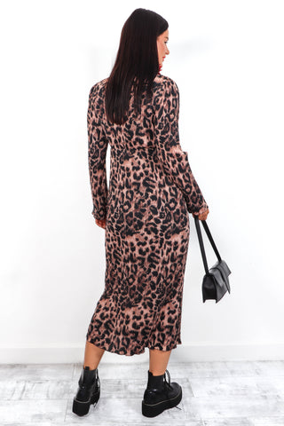 Pretty In Pleats - Brown Leopard Pleated Midi Dress