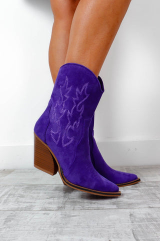 Ranch Ready - Purple Faux Suede Cowbody Boots