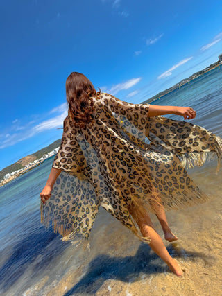 Resting Beach Face - Metallic Leopard Gold Tassel Kimono