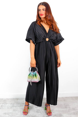 Ring Me Back - Black Cut Out Pleated Jumpsuit