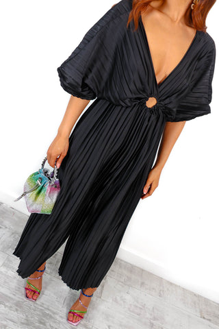 Ring Me Back - Black Cut Out Pleated Jumpsuit