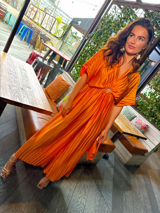 Ring Me Back - Orange Cut Out Pleated Jumpsuit