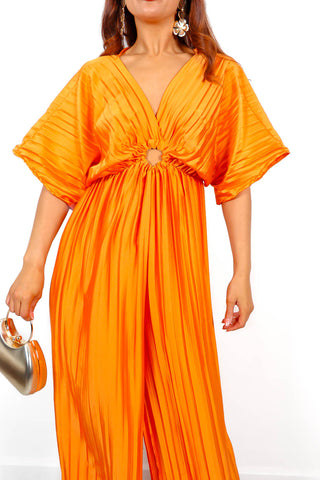 Ring Me Back - Orange Cut Out Pleated Jumpsuit