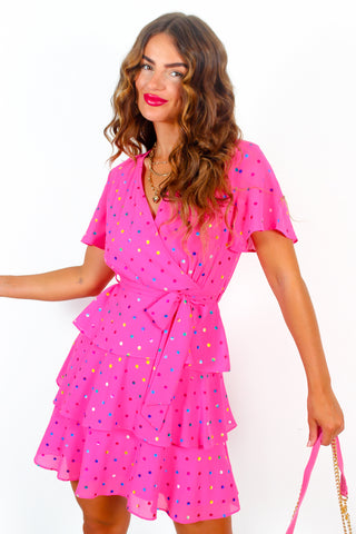 Save Your Tiers - Pink Multi Foil Spot Tiered Frill Mini Dress