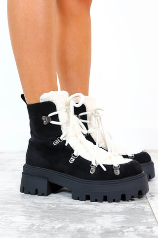 Say Freeze - Black Cream Borg Ankle Boots