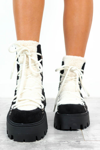 Say Freeze - Black Cream Borg Ankle Boots