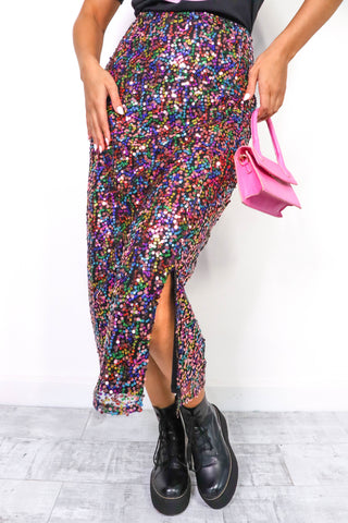 Sequin It To Win It - Multi Sequin Split Midi Skirt