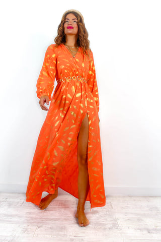 She Could Be The One - Orange Gold Feather Print Maxi Dress