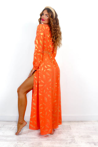 She Could Be The One - Orange Gold Feather Print Maxi Dress