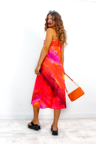 She Is The View - Red Orange Sunset Strappy Midi Dress