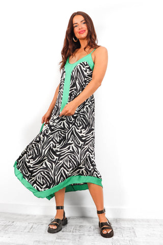 She's A Wildcard - Green Black Zebra Maxi Dress