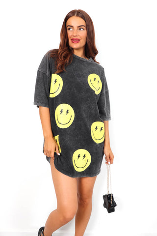 She's All Smiles - Acid Wash Yellow T-Shirt Dress