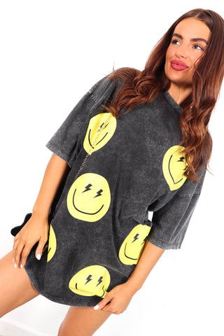 She's All Smiles - Acid Wash Yellow T-Shirt Dress