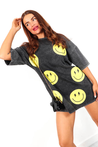 She's All Smiles - Acid Wash Yellow T-Shirt Dress