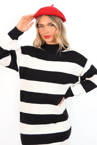Shes Chic - Cream Black Stripe Knitted Jumper Dress