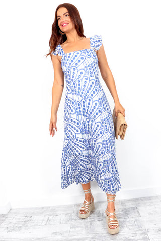 She's Classy - Cream Blue Broderie Anglaise Frill Midi Dress