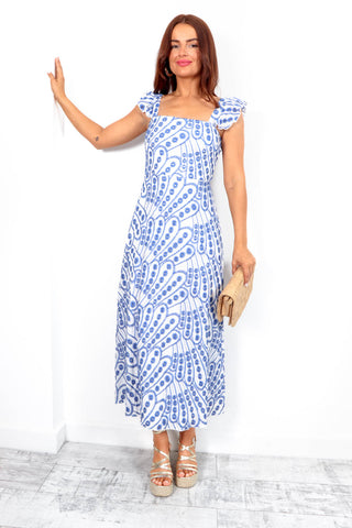 She's Classy - Cream Blue Broderie Anglaise Frill Midi Dress