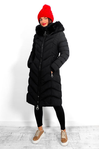 She's Cold Blooded - Black Chevron Panel Fur Hood Coat