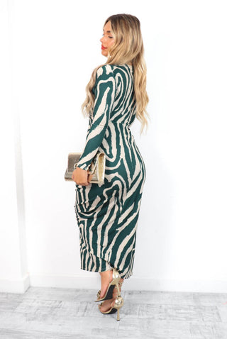 She's Frisky - Green Zebra Plunge Midi Dress