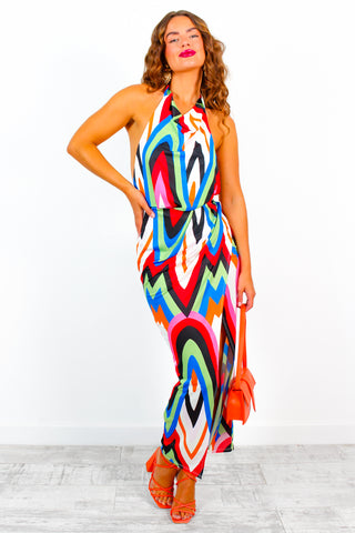 She's Got It - Multi Abstract Print Halter Neck Maxi Dress