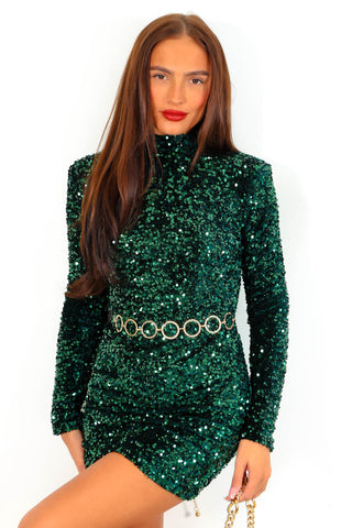 Shes Got Spark - Forest Sequin Long Sleeve Mini Dress