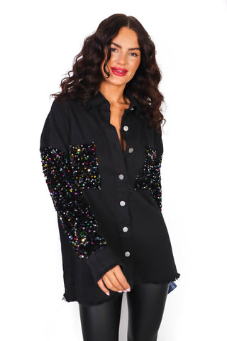 She's In Your Pocket - Black Denim Multi Sequin Sleeve Shirt