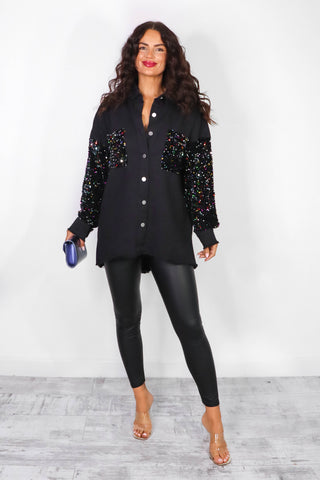 She's In Your Pocket - Black Denim Multi Sequin Sleeve Shirt