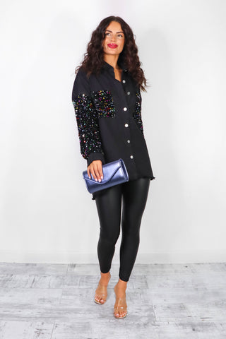 She's In Your Pocket - Black Denim Multi Sequin Sleeve Shirt